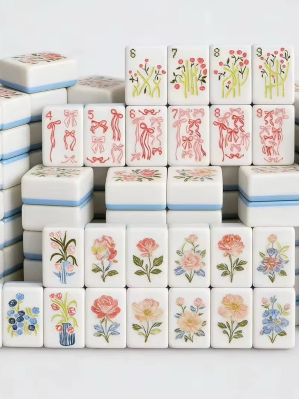 Floral Mahjong Tiles Set - Pastel Pink & Blue Accents